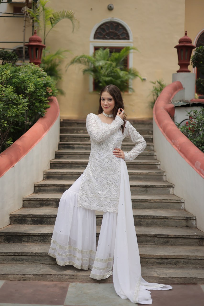 Gorgeous Wear White Colour Sequence Work Sharara Suit