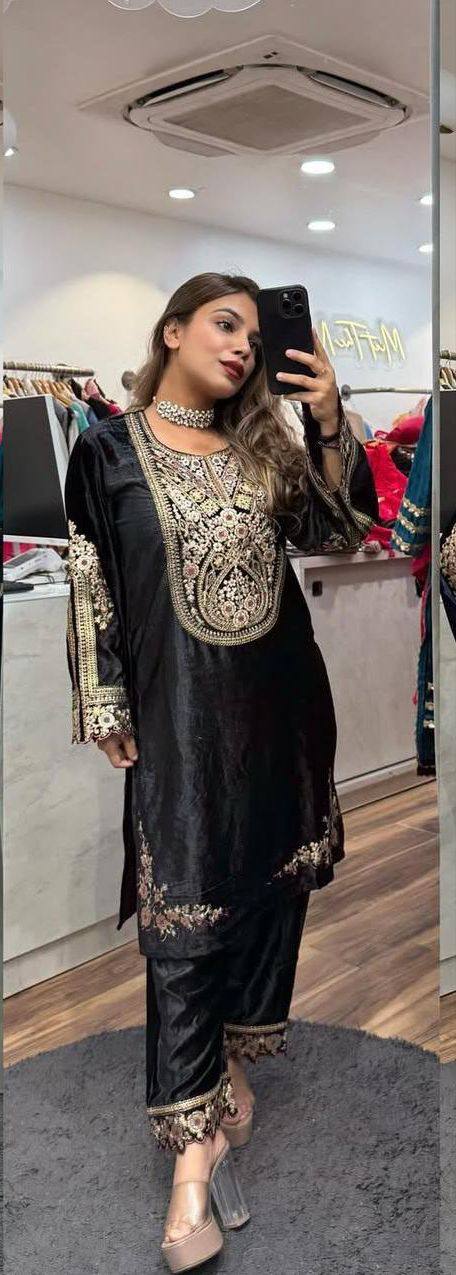 Adorable Black Color Velvet Embroidery Work Salwar Suit