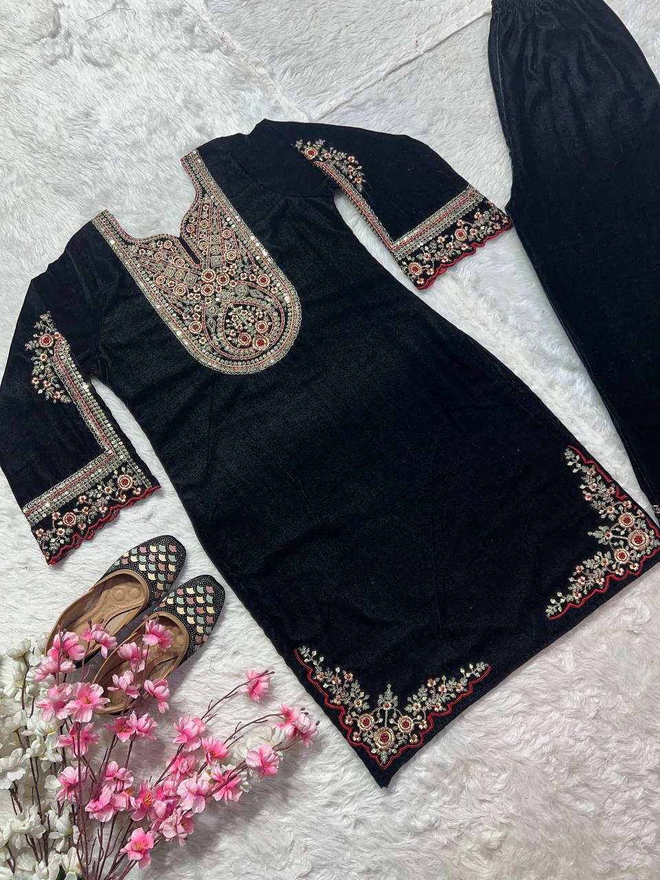 Adorable Black Color Velvet Embroidery Work Salwar Suit