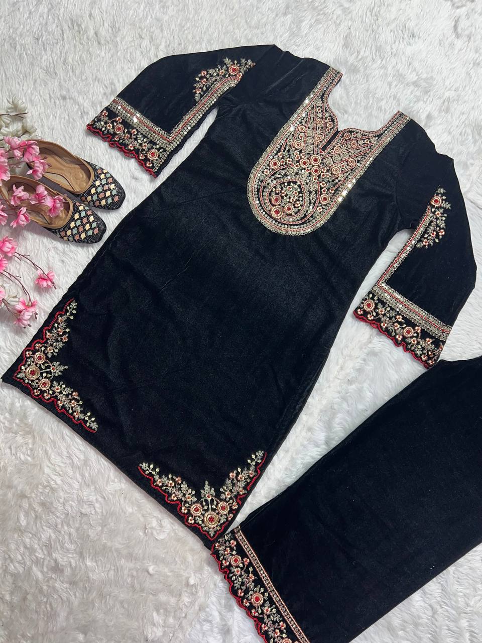Adorable Black Color Velvet Embroidery Work Salwar Suit