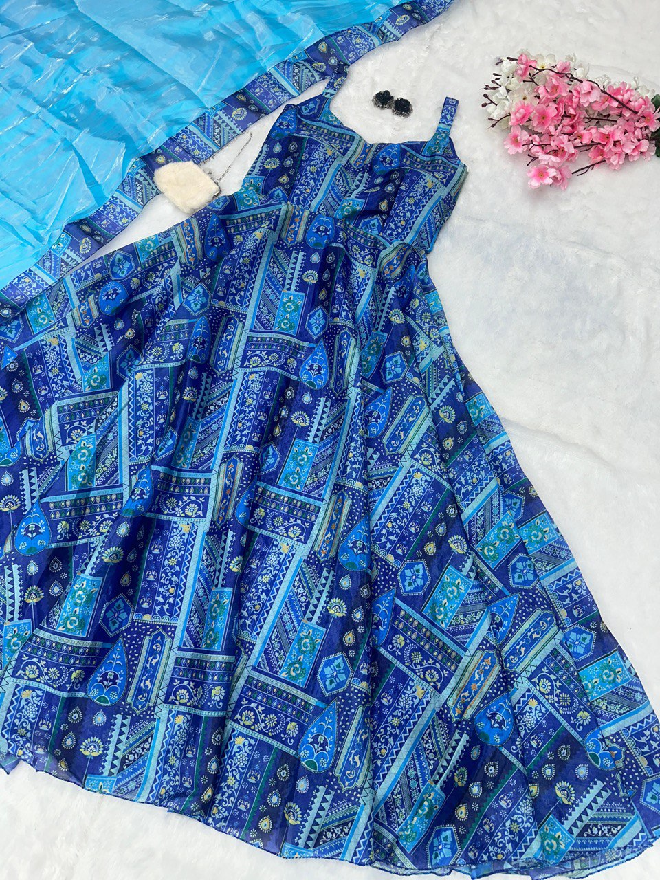 Party Wear With digital printed Blue Color Gown