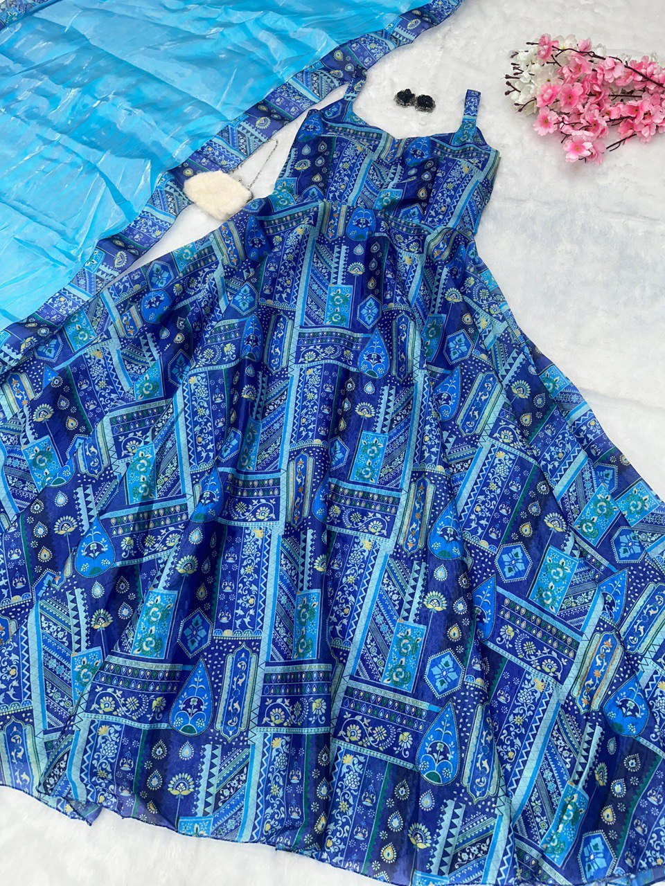 Party Wear With digital printed Blue Color Gown