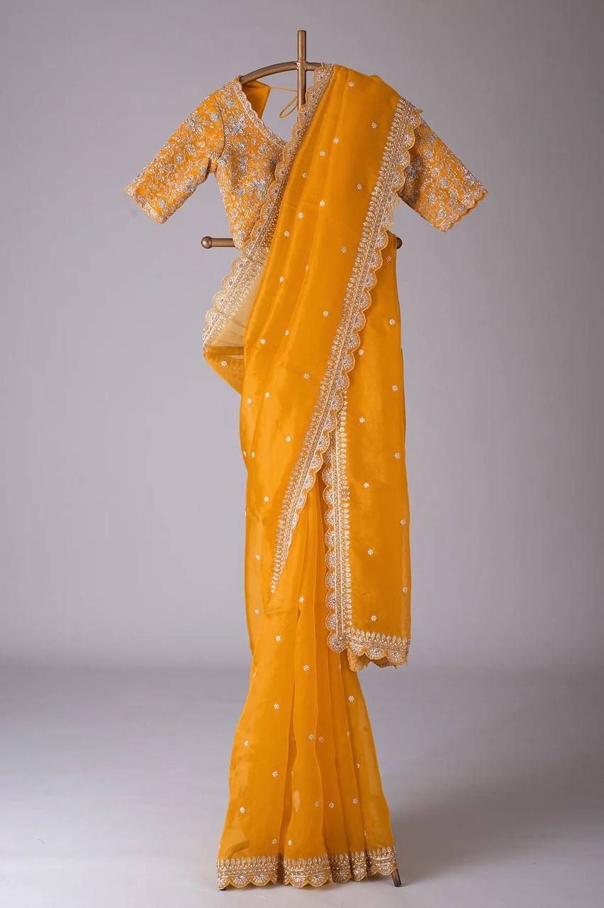 Wedding Wear Heavy Sequence Work Yellow Color Saree