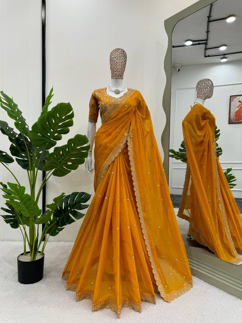 Wedding Wear Heavy Sequence Work Yellow Color Saree