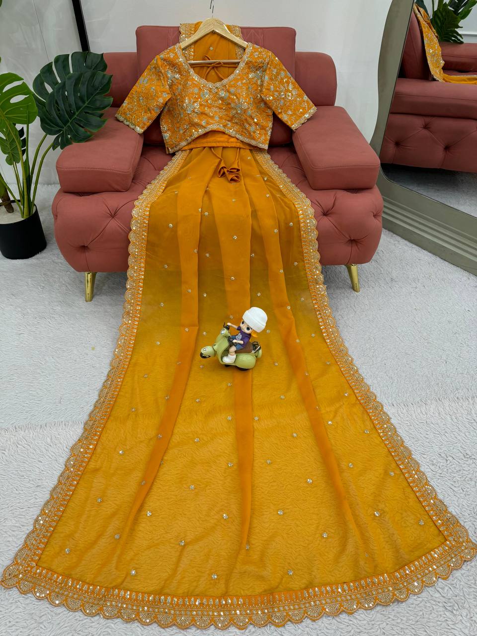 Wedding Wear Heavy Sequence Work Yellow Color Saree