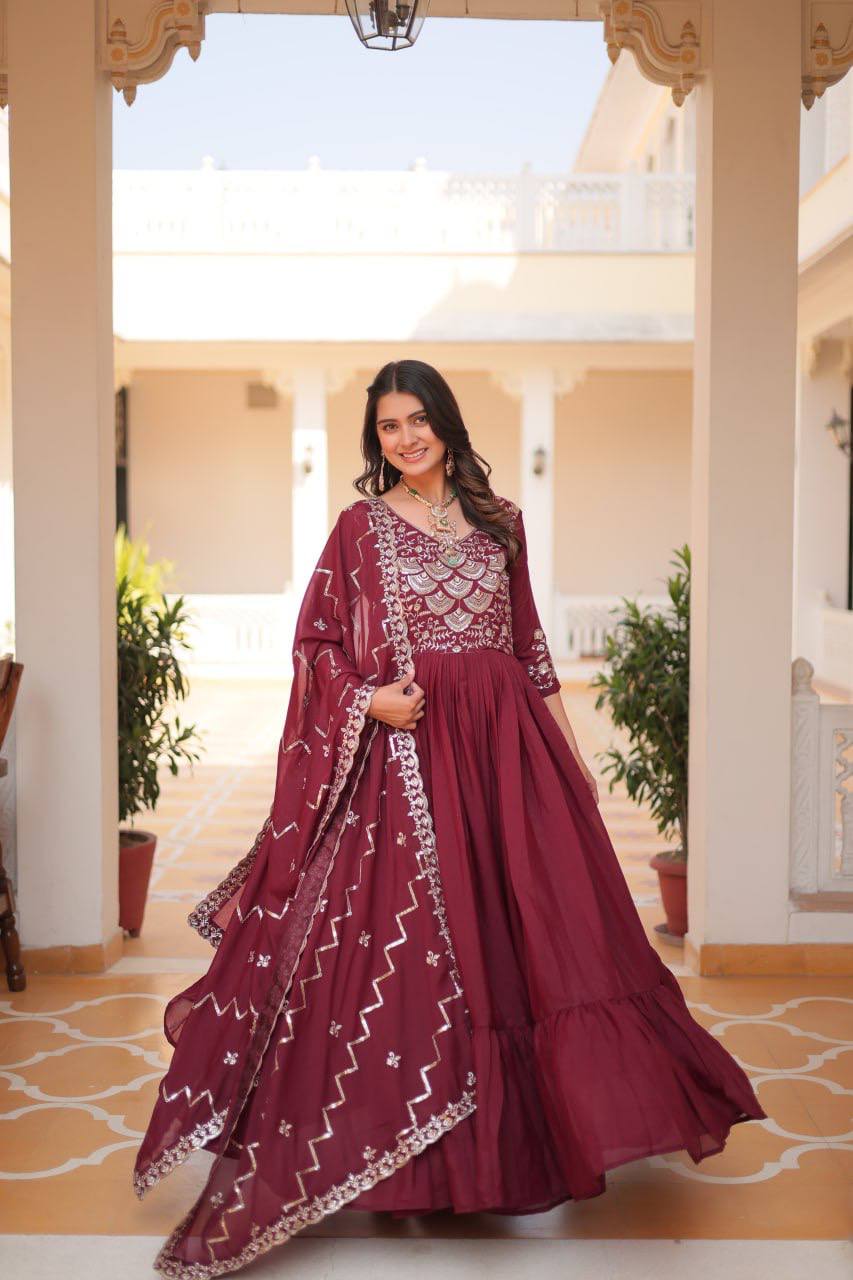 Wonderful Georgette Maroon Color Gown