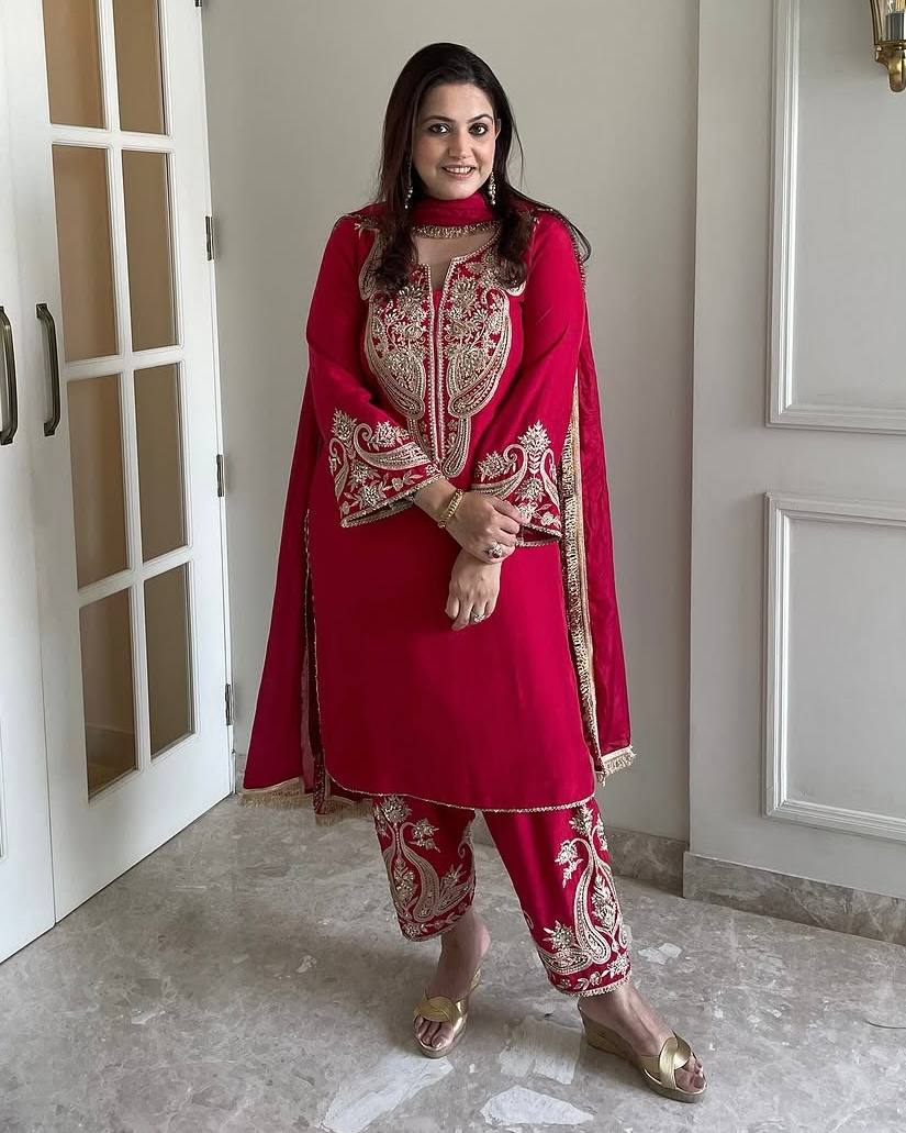 Elegant Chinnon Red Color Heavy Salwar Suit