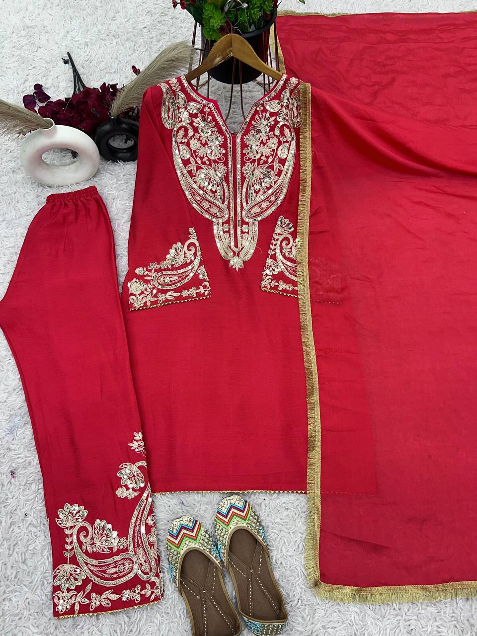 Elegant Chinnon Red Color Heavy Salwar Suit