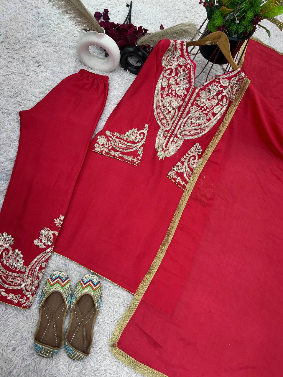 Elegant Chinnon Red Color Heavy Salwar Suit