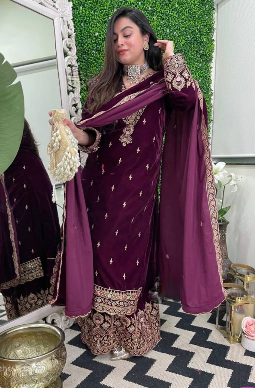 Fantastic Velvet Sequence Work Purple Color Palazzo Suit