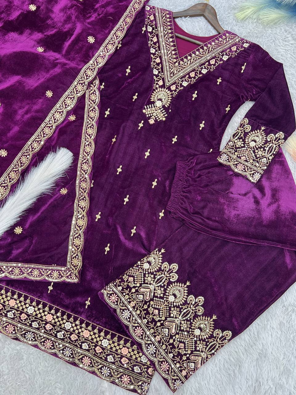 Fantastic Velvet Sequence Work Purple Color Palazzo Suit