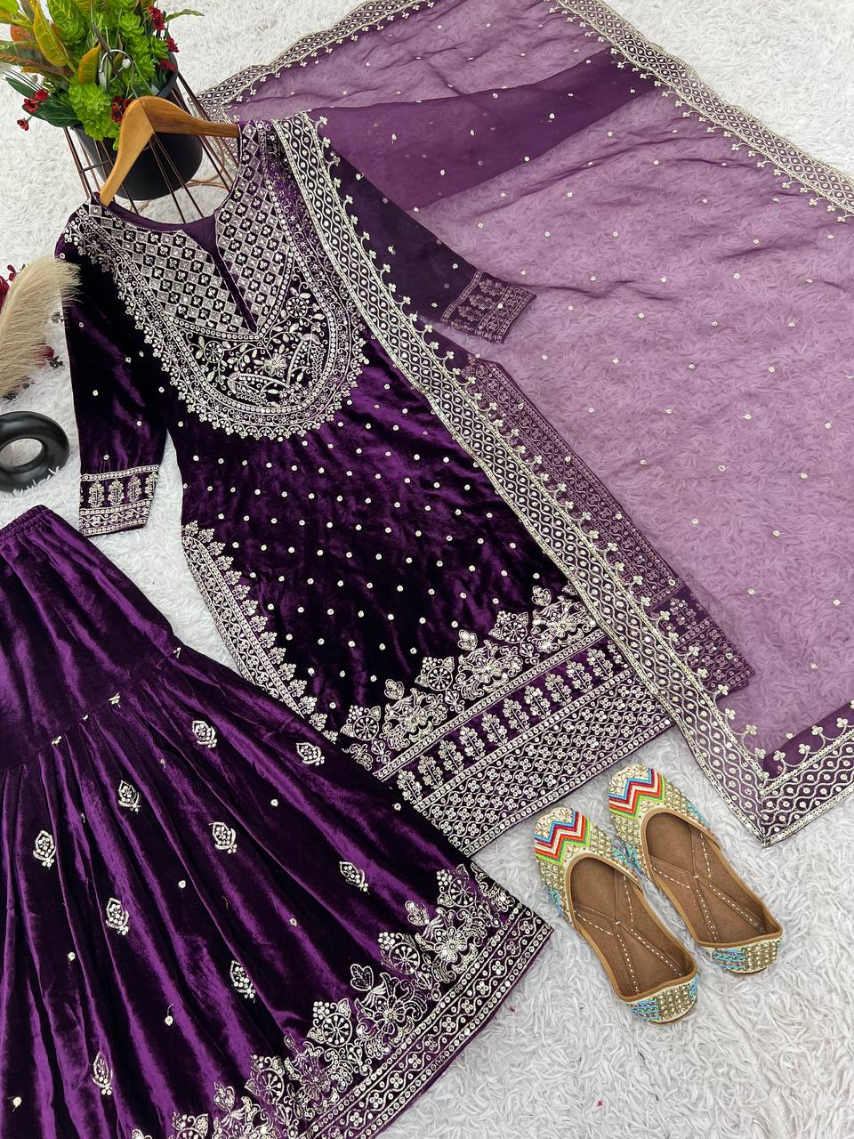 Fashionable Sequence Work Purple Color Top With Plazzo Suit