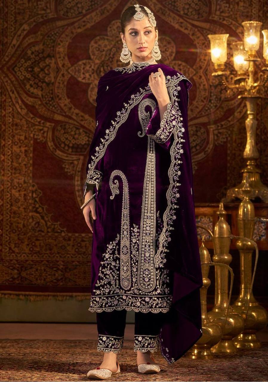 Traditional wear Purple Color Velvet Embroidery Work Salwar Suit