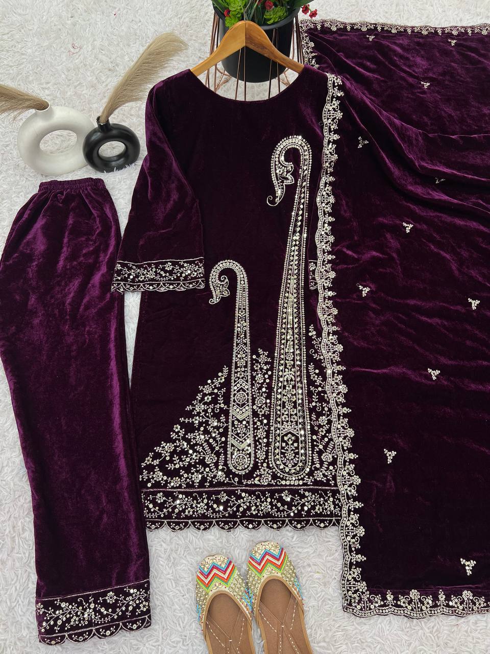 Traditional wear Purple Color Velvet Embroidery Work Salwar Suit