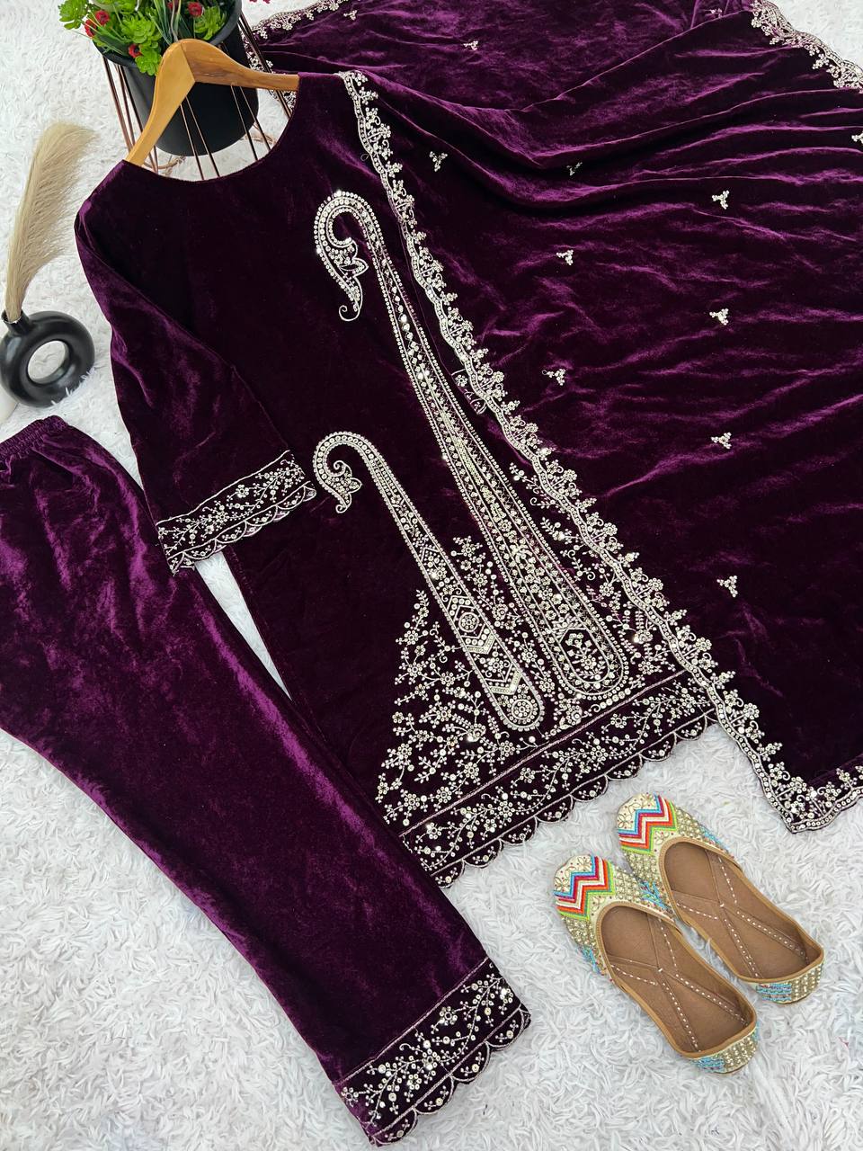 Traditional wear Purple Color Velvet Embroidery Work Salwar Suit