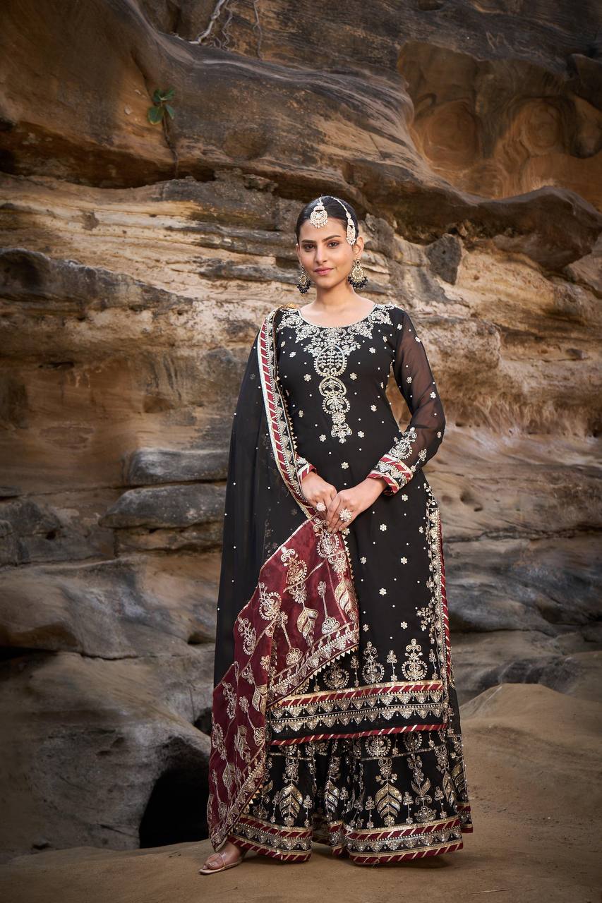 Wedding & Party Wear Heavy Sequence Work Black Color Sharara Suit