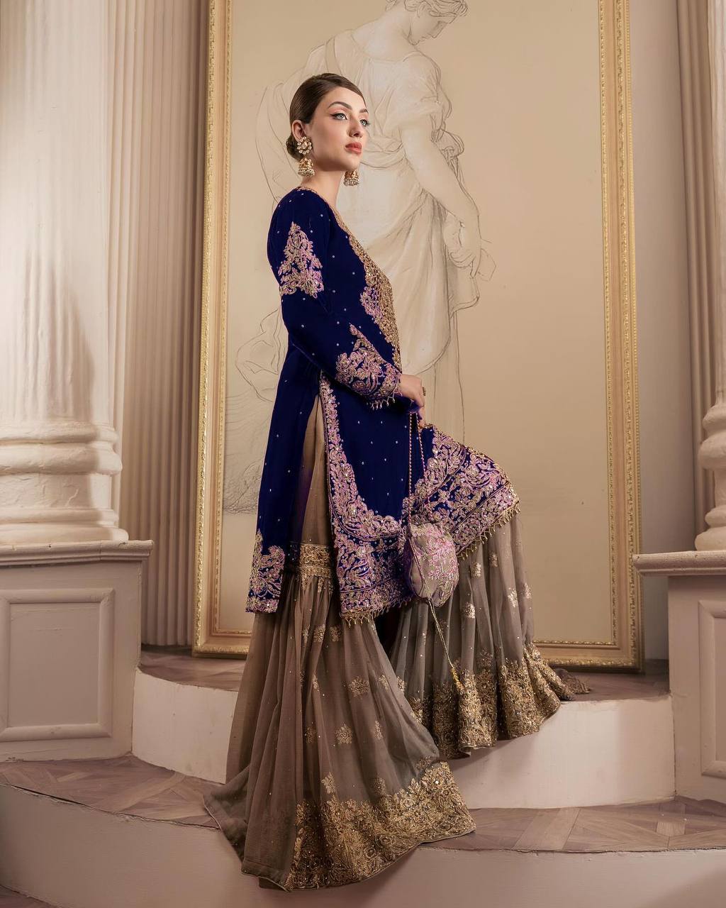 Traditional wear Sequence Work Blue Color Top With Sharara