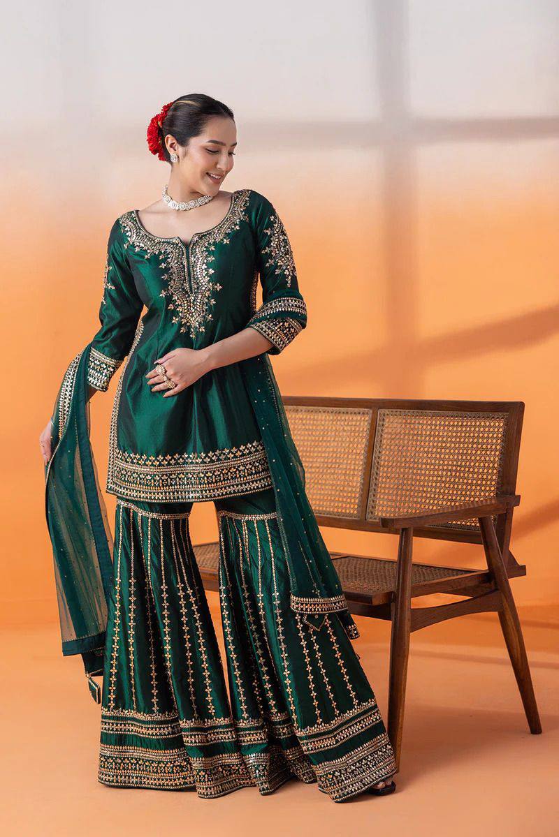 Outstanding Chinnon Sequence Work Green Color Sharara Suit