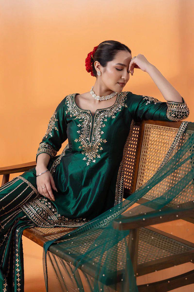 Outstanding Chinnon Sequence Work Green Color Sharara Suit