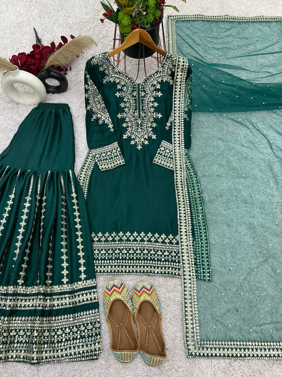 Outstanding Chinnon Sequence Work Green Color Sharara Suit