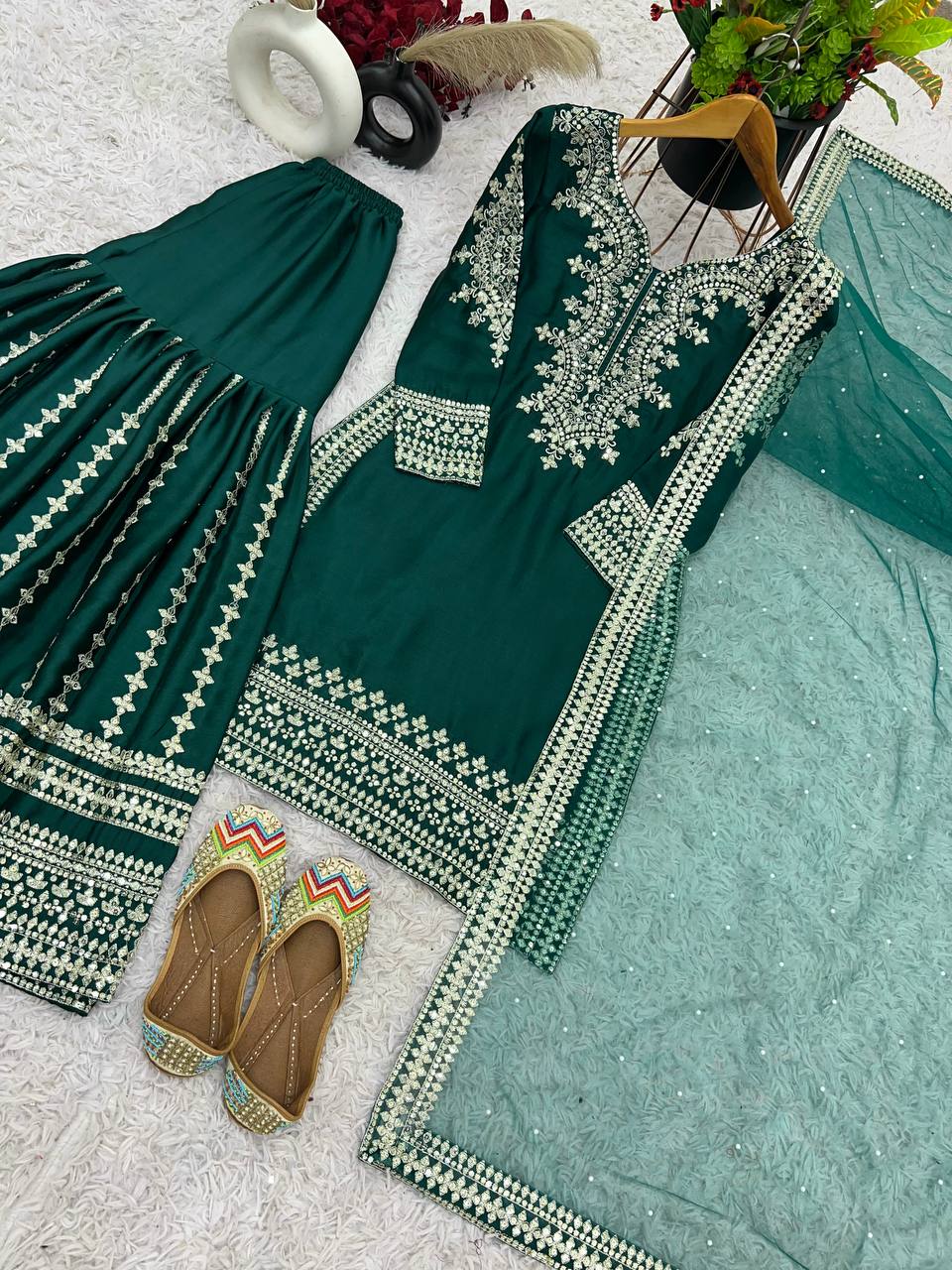 Outstanding Chinnon Sequence Work Green Color Sharara Suit