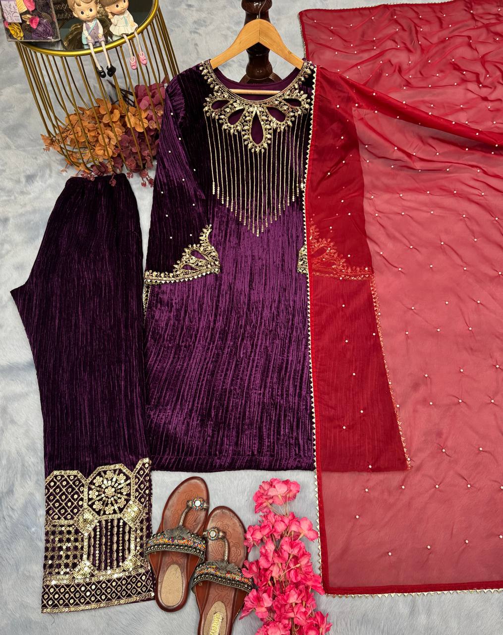 Elegant Purple Color Velvet Sequence Work Kurti Set With Dupatta