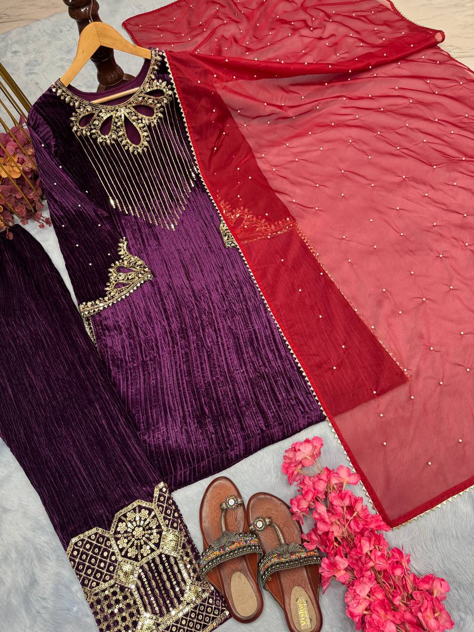 Elegant Purple Color Velvet Sequence Work Kurti Set With Dupatta