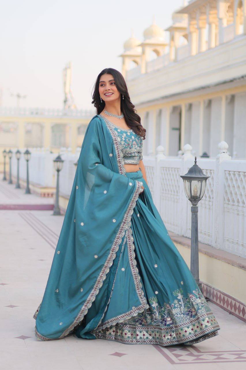 Traditional wear Teal Blue Color Sequence Work Lehengha Choli