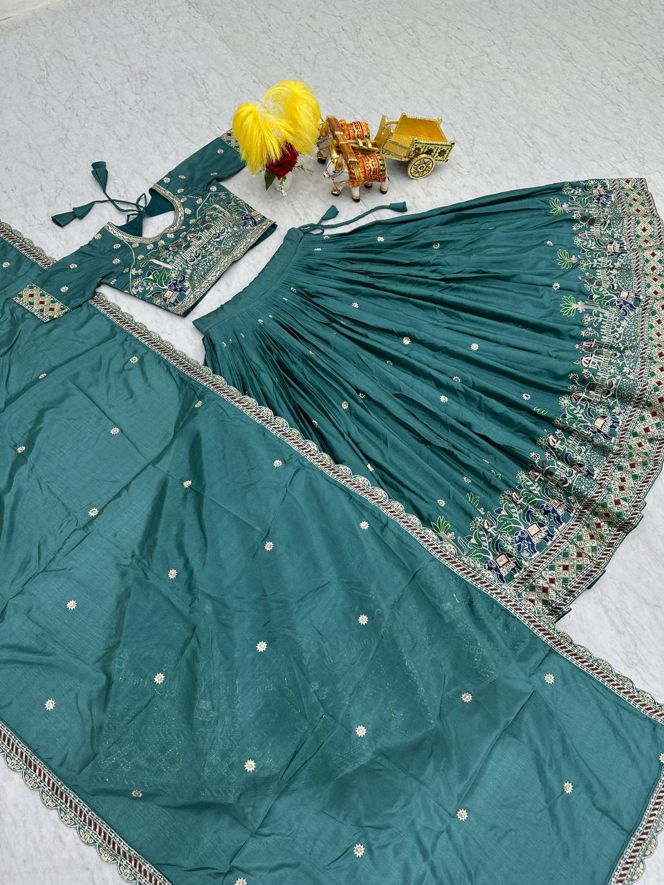 Traditional wear Teal Blue Color Sequence Work Lehengha Choli