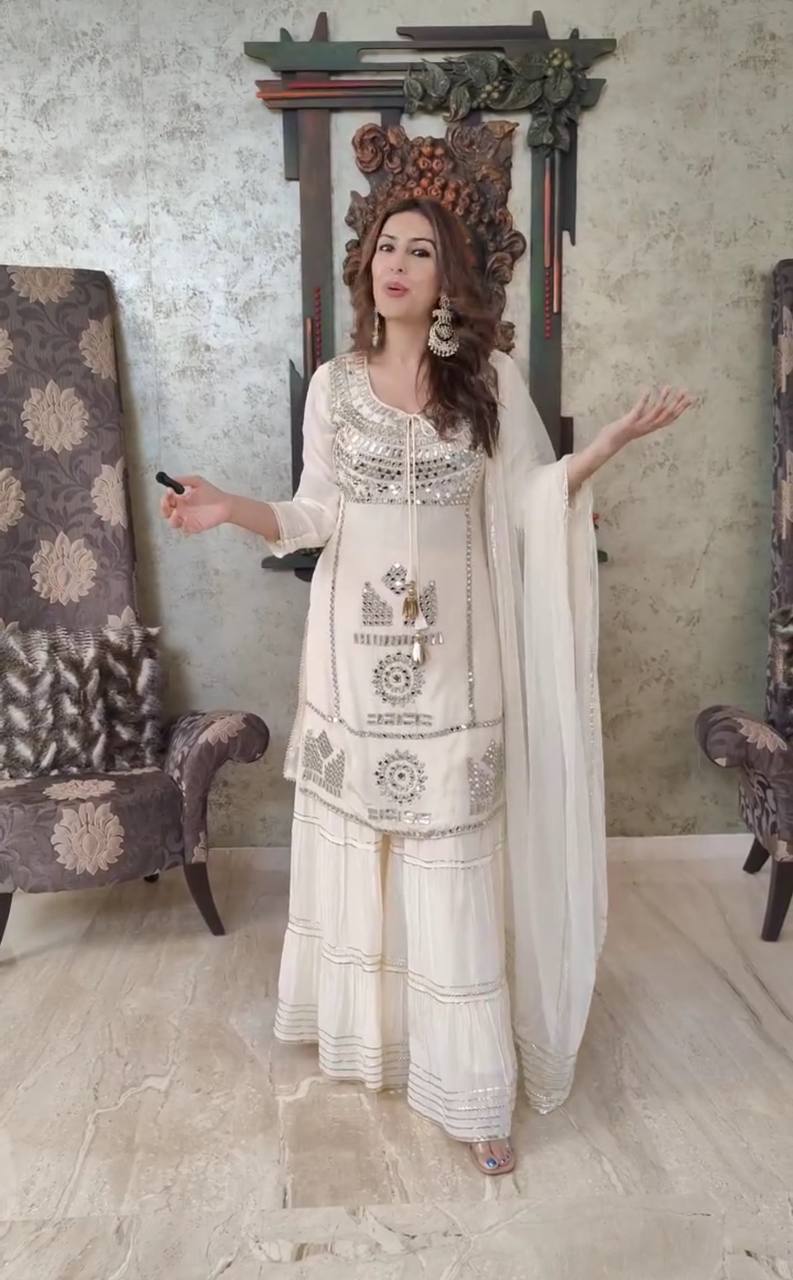 Wedding & Party Wear Georgette White Color Sharara Suit