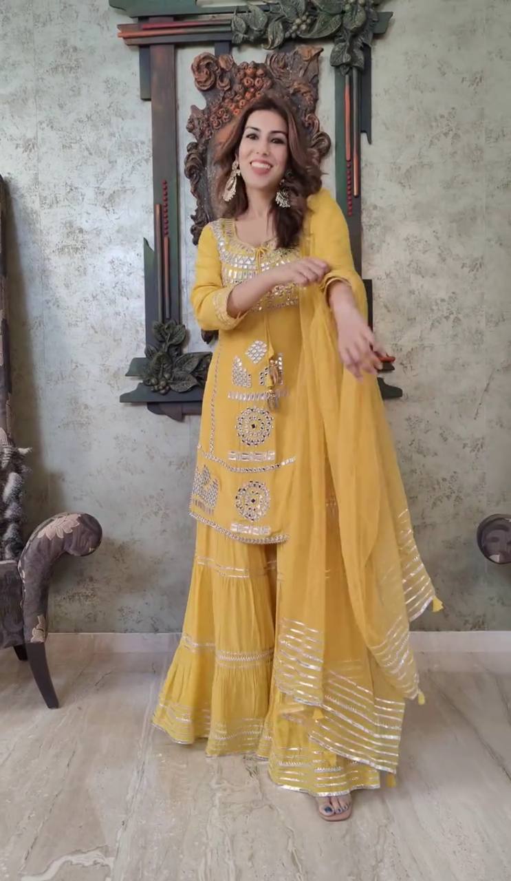 Wedding & Party Wear Georgette Yellow Color Sharara Suit