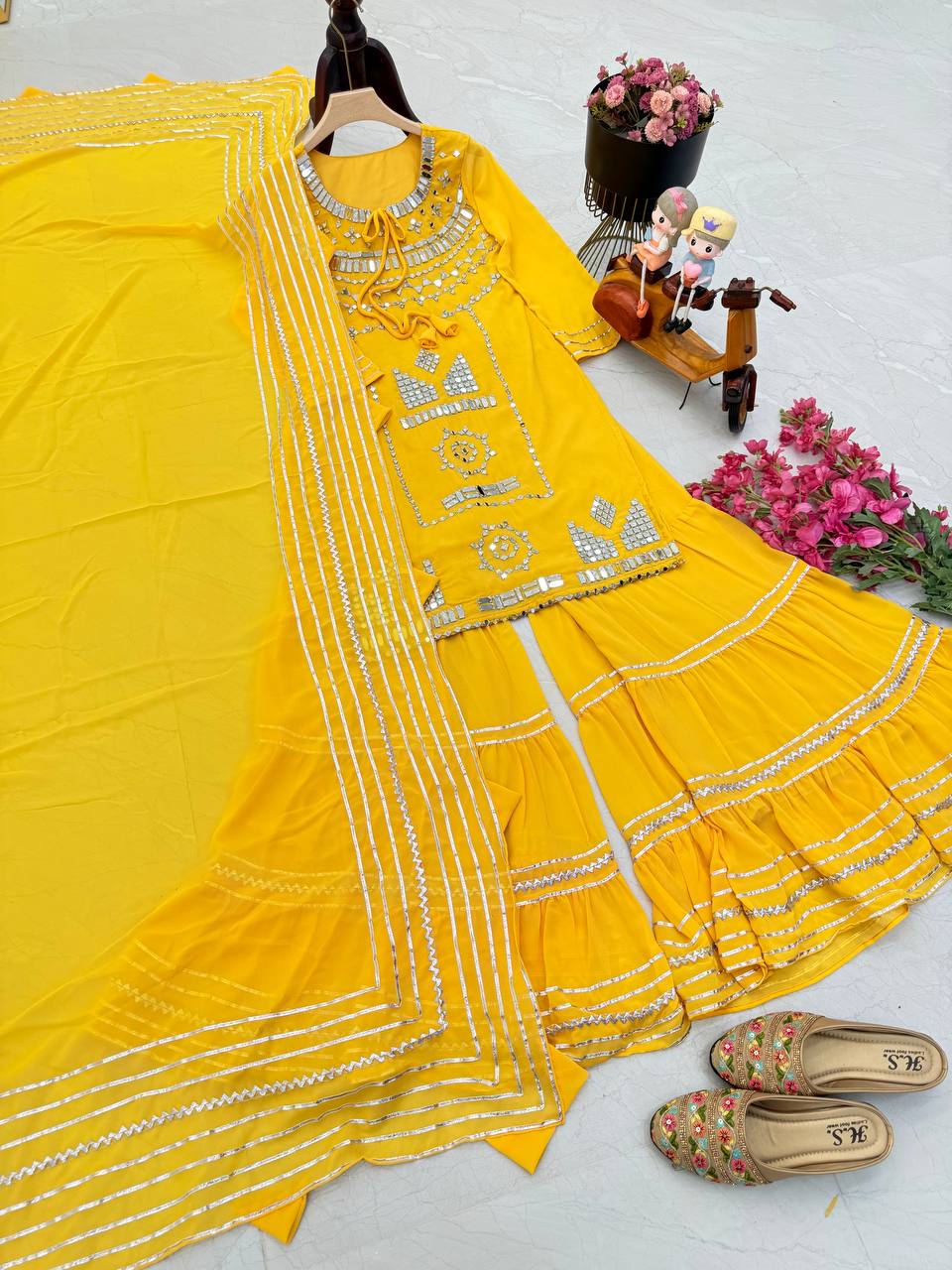 Wedding & Party Wear Georgette Yellow Color Sharara Suit