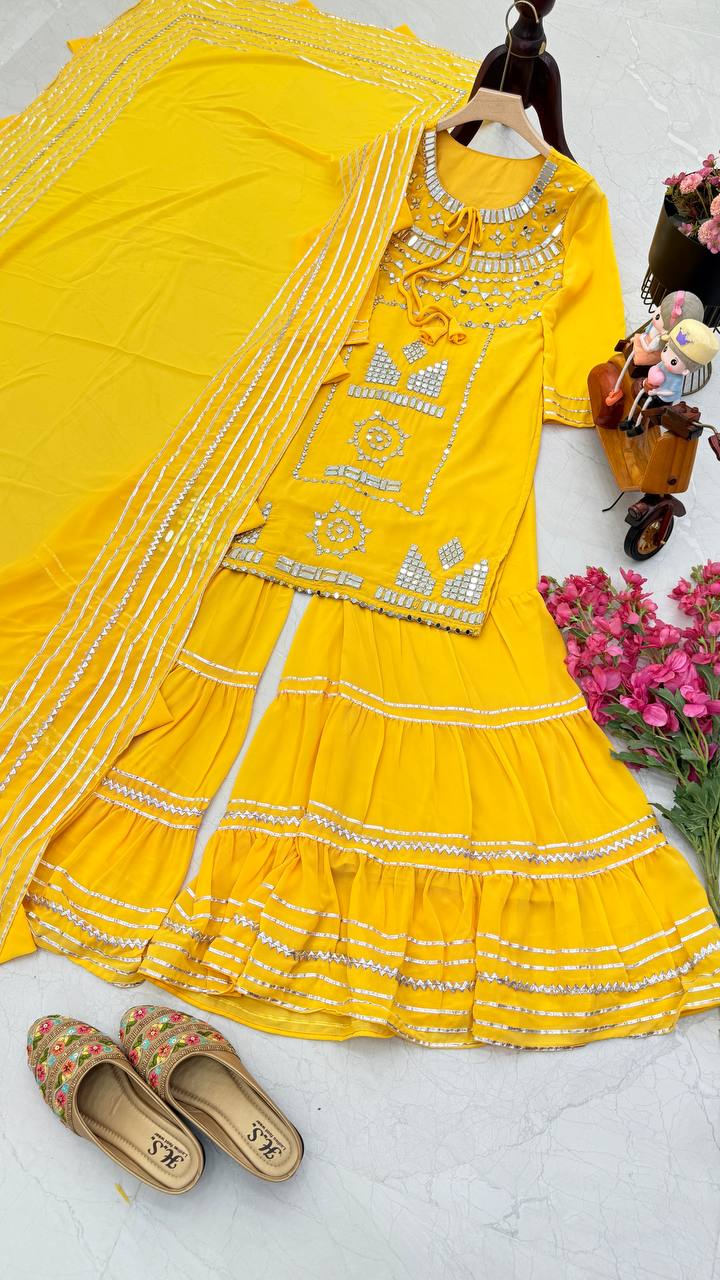 Wedding & Party Wear Georgette Yellow Color Sharara Suit