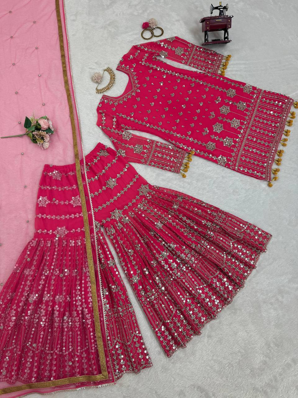 Wedding & Party Wear Gorgette Red Color Top With Sharara Suit