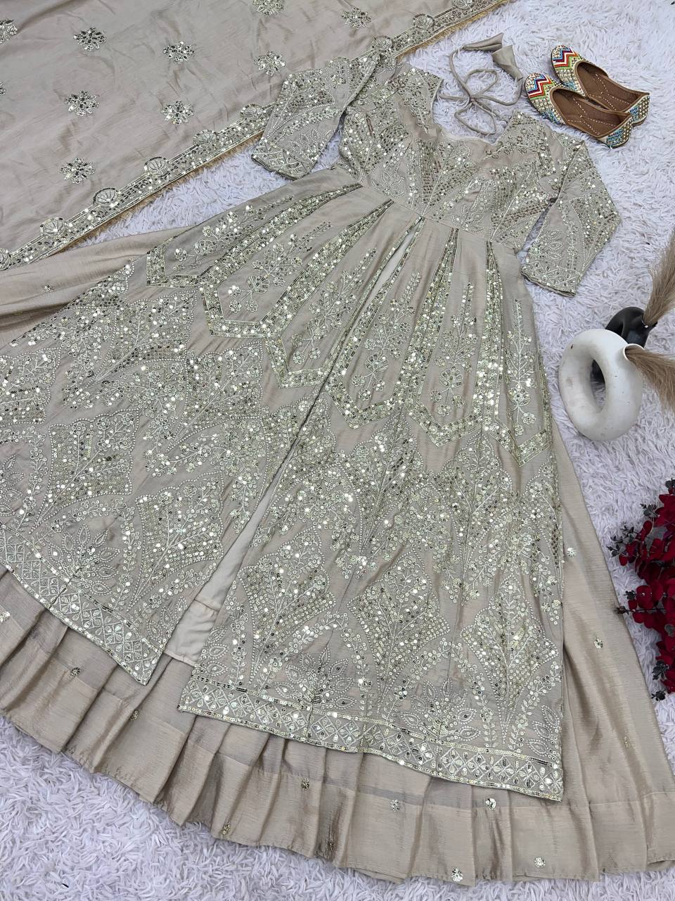 Demanding Chinnon Silk Beige Color Top With Lehenga Choli