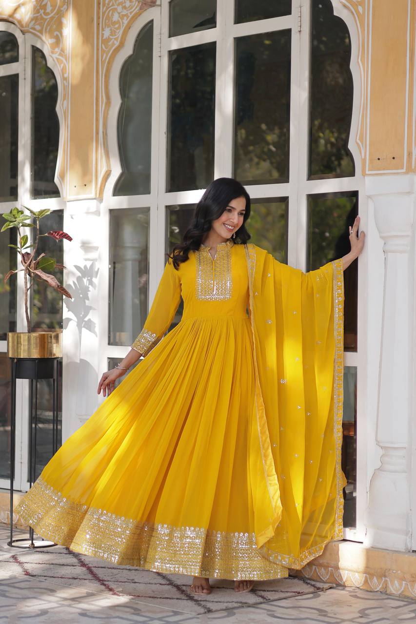 Lovely Georgette Yellow Haldi Wear Long Gown