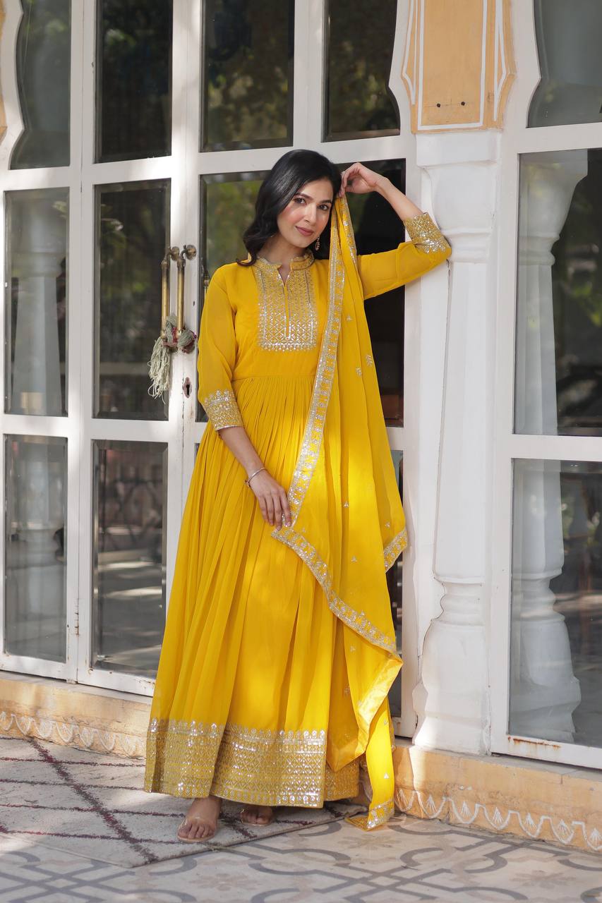 Lovely Georgette Yellow Haldi Wear Long Gown