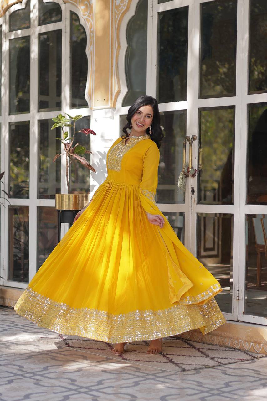 Lovely Georgette Yellow Haldi Wear Long Gown