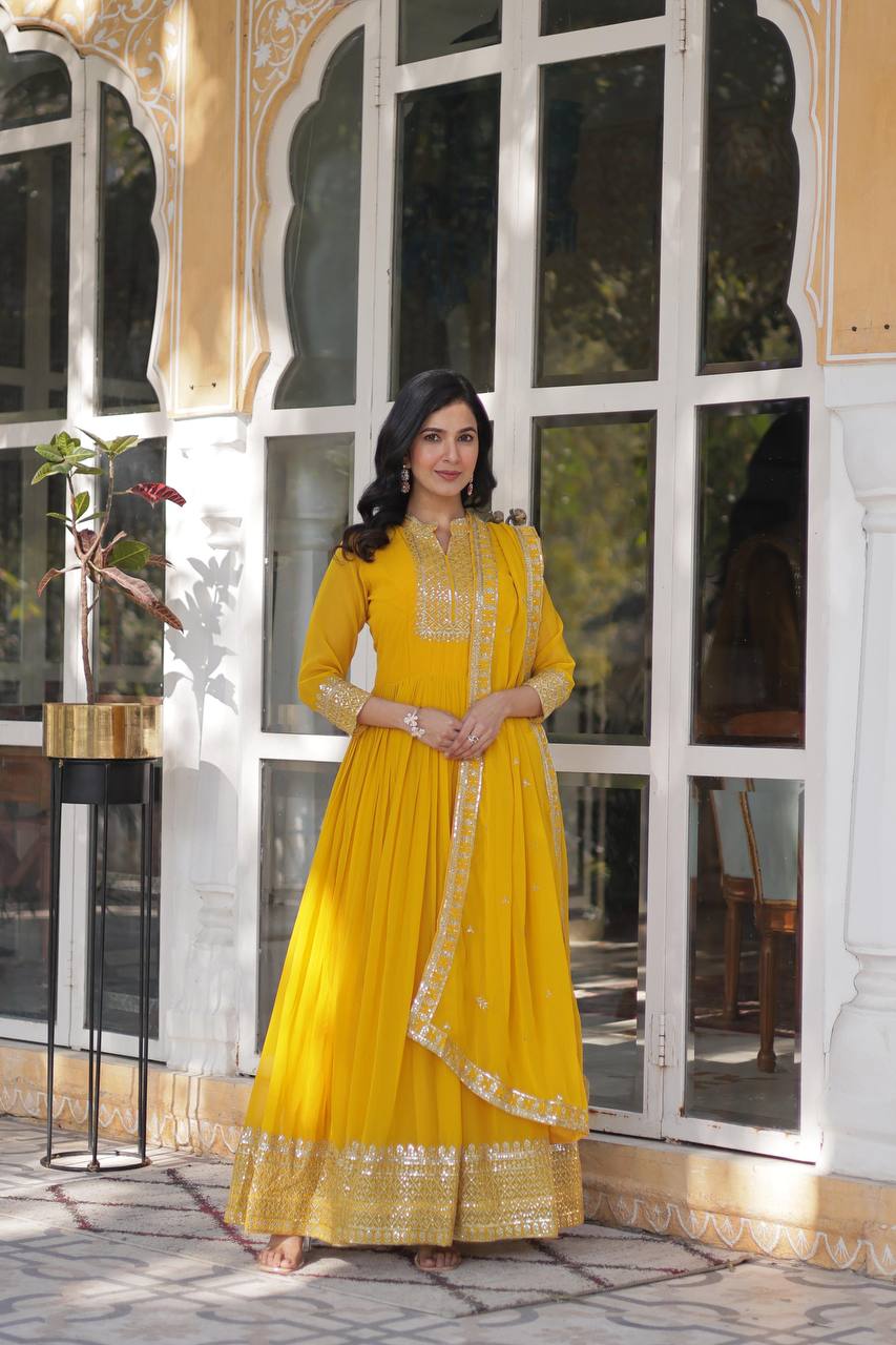 Lovely Georgette Yellow Haldi Wear Long Gown