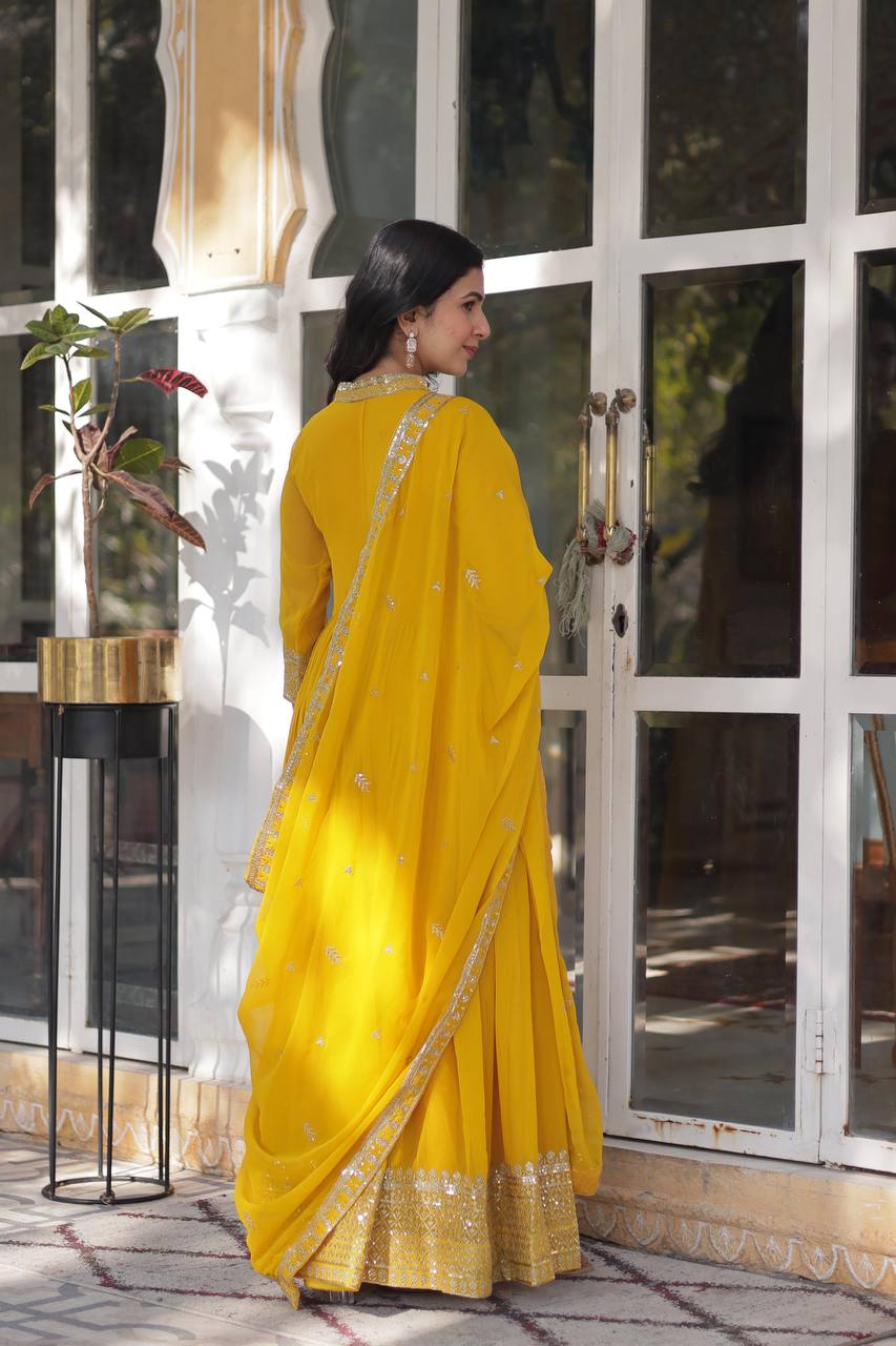 Lovely Georgette Yellow Haldi Wear Long Gown