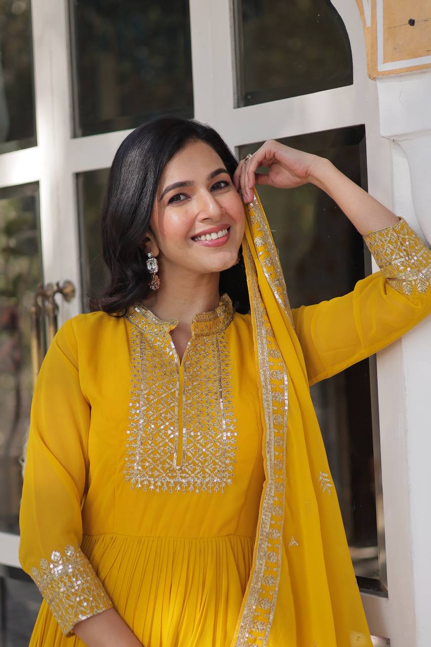 Lovely Georgette Yellow Haldi Wear Long Gown