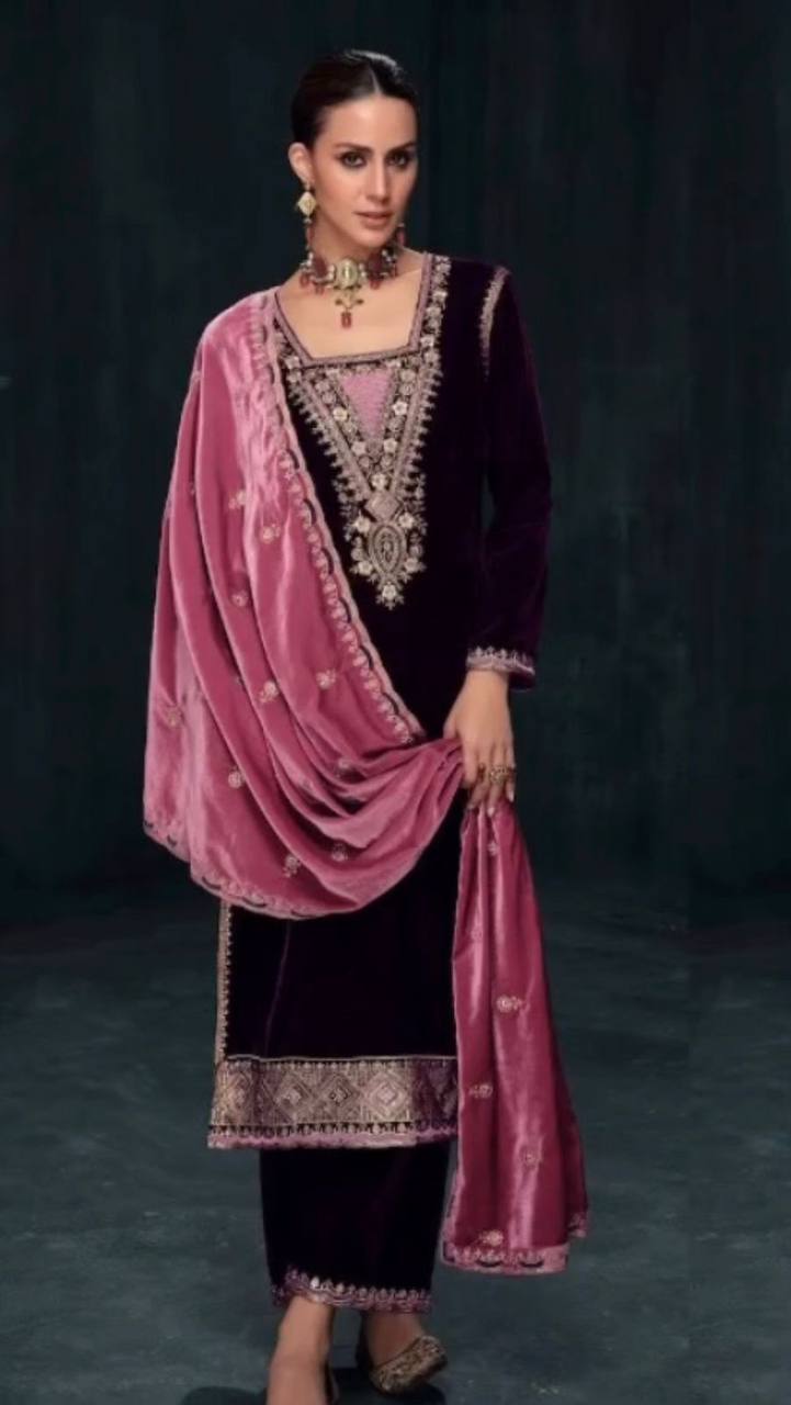 Classic Wine Color Embroidery Work Sharara Suit