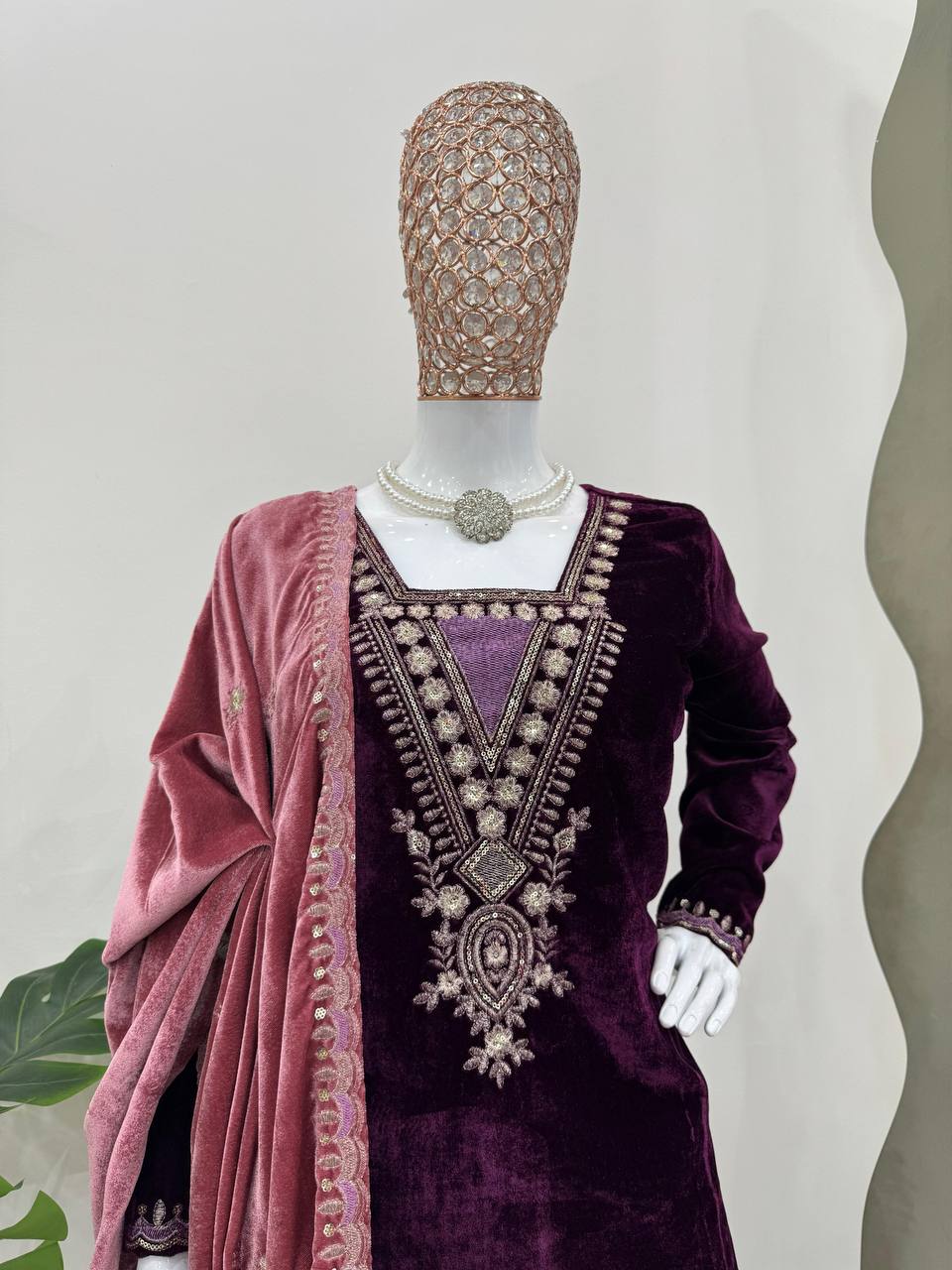 Classic Wine Color Embroidery Work Sharara Suit