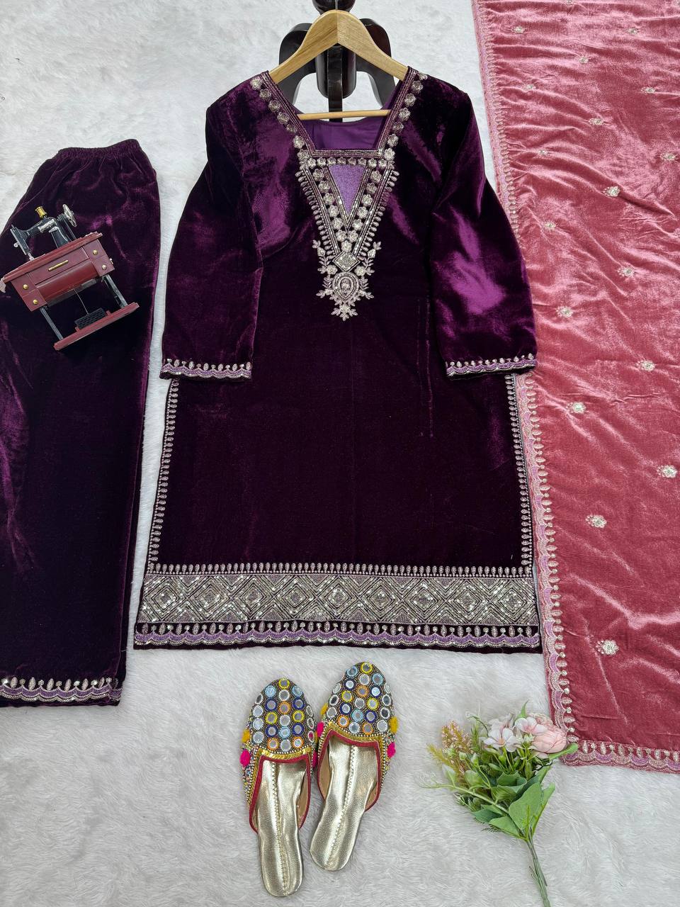 Classic Wine Color Embroidery Work Sharara Suit