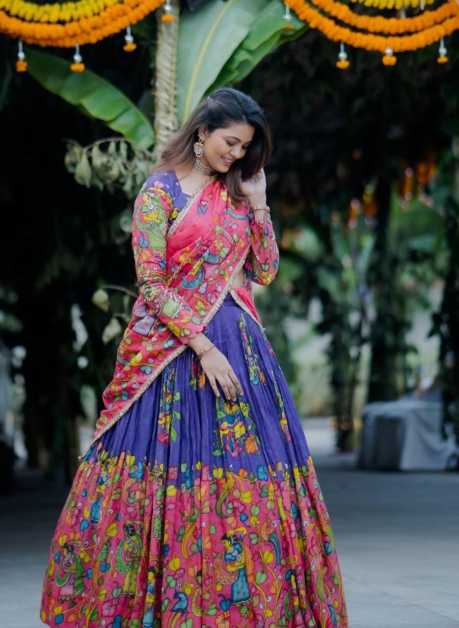 Marriage Special Blue & Pink Color Kalamkari print Lehenga Choli