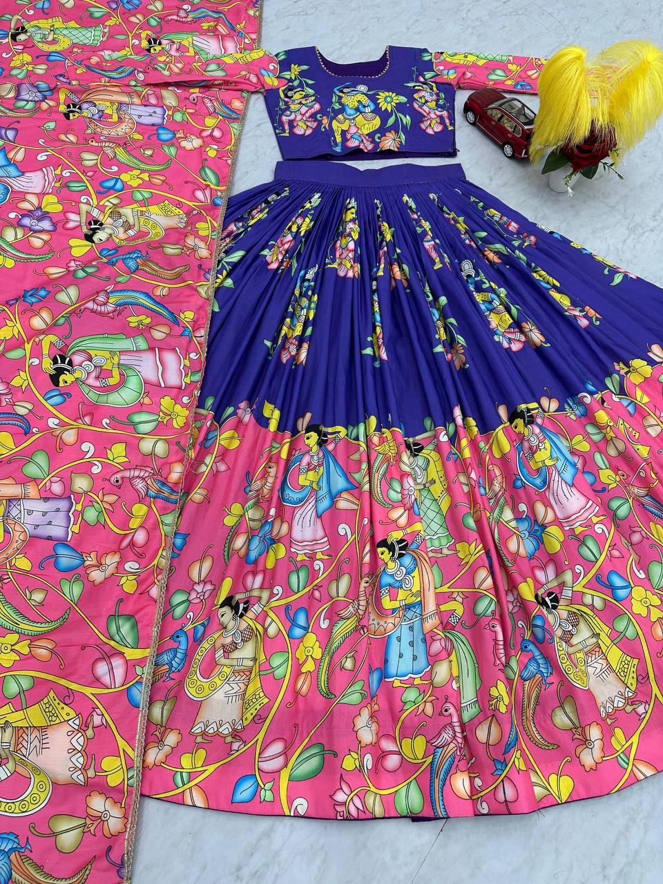 Marriage Special Blue & Pink Color Kalamkari print Lehenga Choli