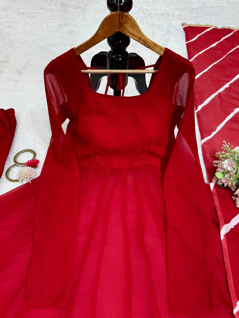 Function Wear Gorgette Red Color Palazzo Suit