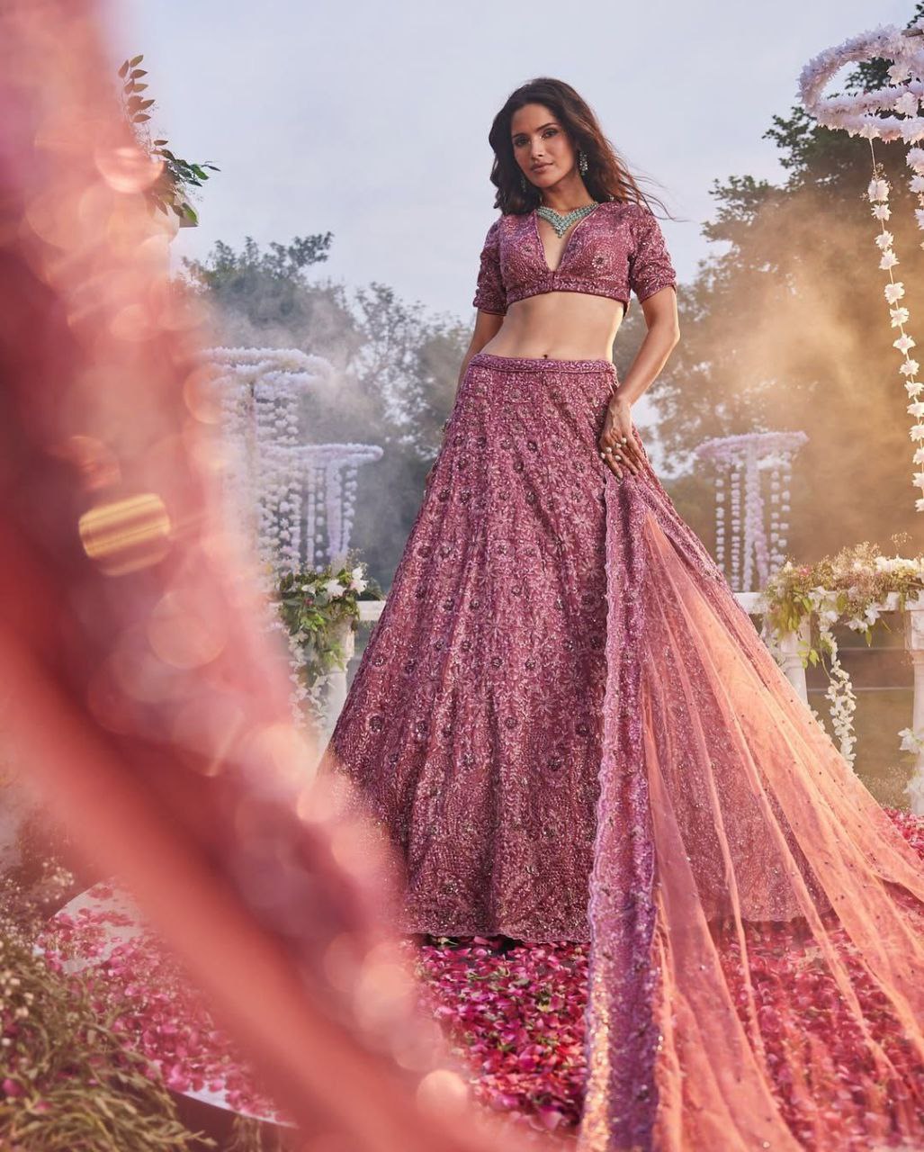 Fabulous Chinon Silk Embroidery Pink Color Lehenga Choli