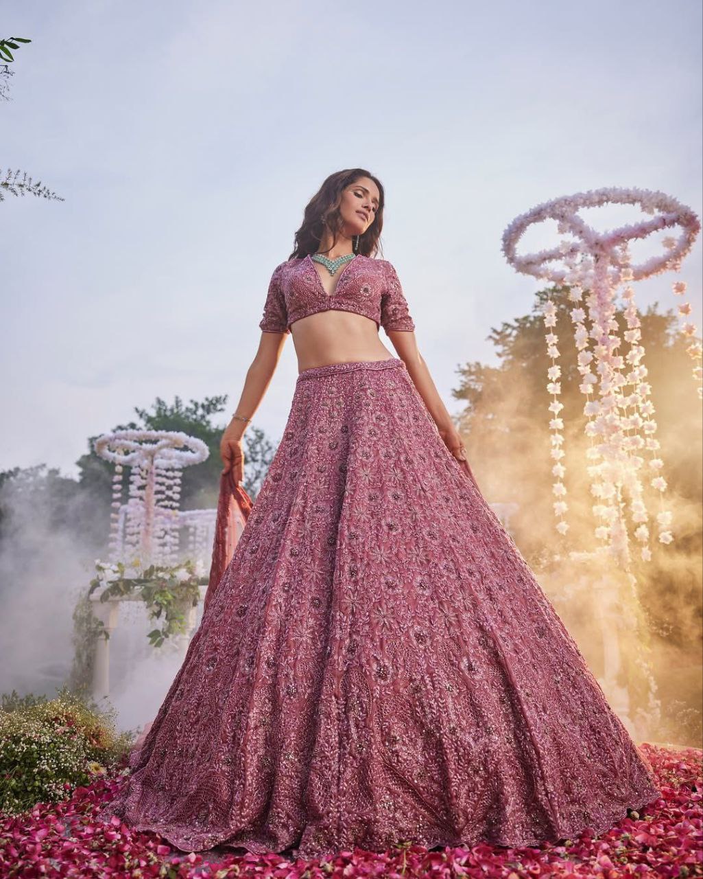 Fabulous Chinon Silk Embroidery Pink Color Lehenga Choli