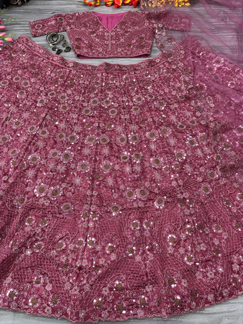 Fabulous Chinon Silk Embroidery Pink Color Lehenga Choli